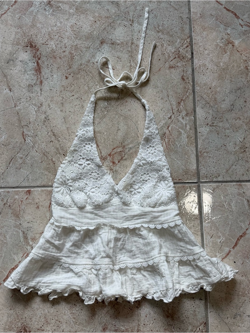 White Lace Halter Crop Top Ruffled Tiered Y2K
